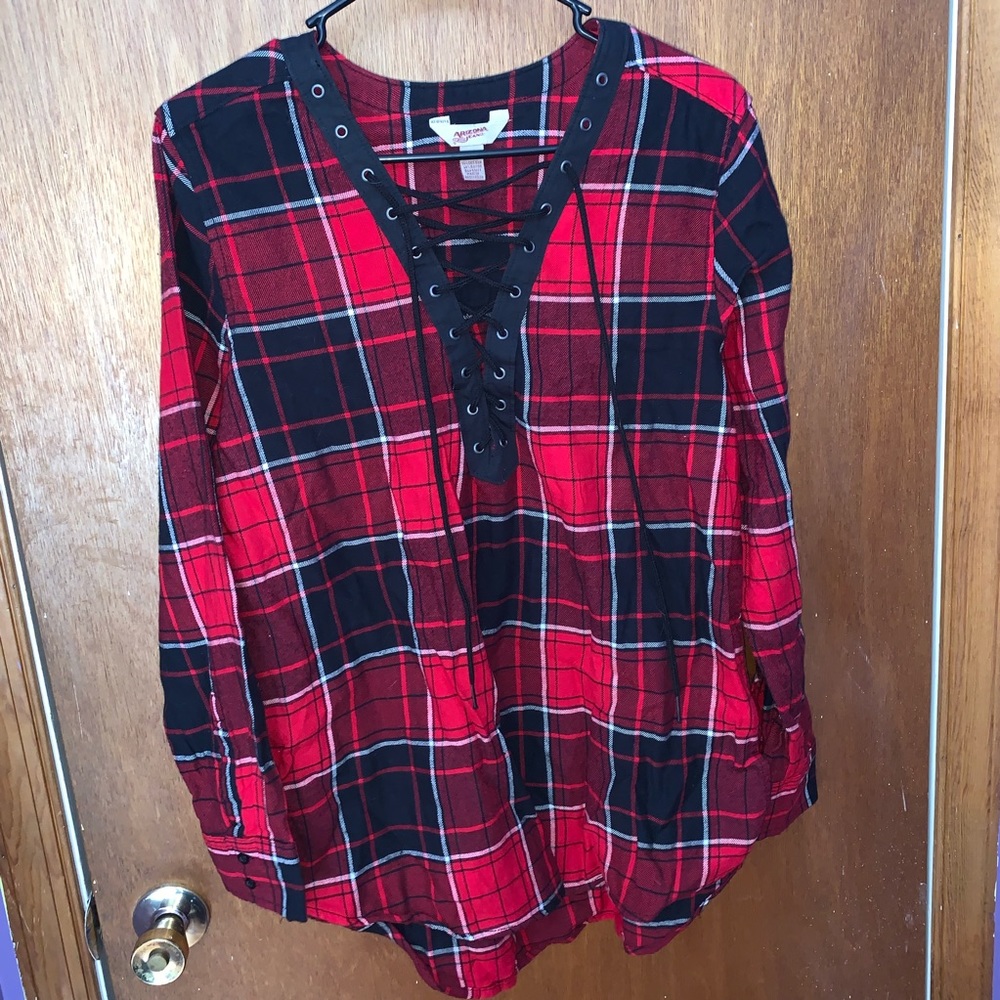 Red plaid lace-up top from JC Penney.